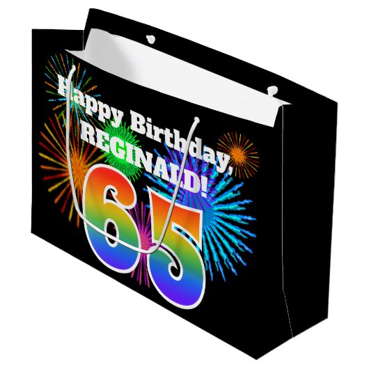 Fun Fireworks + Rainbow Pattern "65" Birthday # Groot Cadeauzakje (Voorkant Gekanteld)