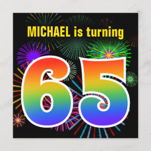 Fun Fireworks + Rainbow Pattern "65" Birthday # Kaart