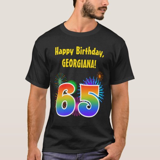 Fun Fireworks + Rainbow Pattern "65" Birthday # T-shirt (Voorkant)