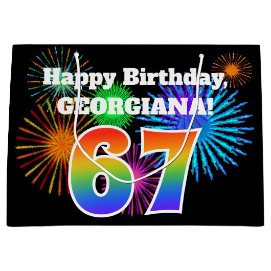 Fun Fireworks + Rainbow Pattern "67" Birthday # Groot Cadeauzakje (Voorkant)