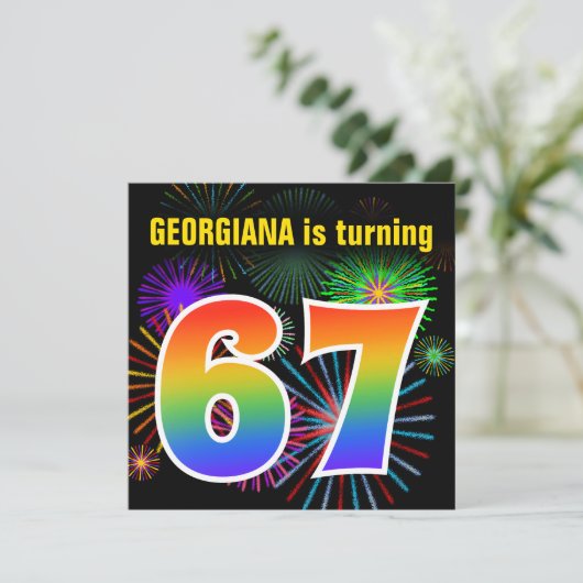 Fun Fireworks + Rainbow Pattern "67" Birthday # Kaart (Staand voorkant)