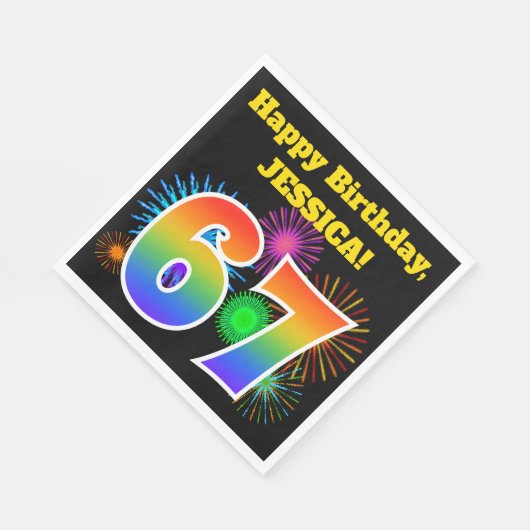 Fun Fireworks + Rainbow Pattern "67" Birthday # Servet (Hoek)