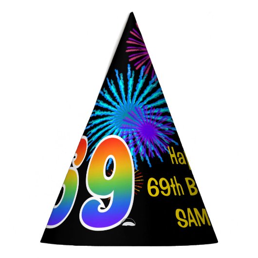 Fun Fireworks + Rainbow Pattern "69" Birthday # Feesthoedjes (Links)