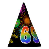 Fun Fireworks + Rainbow Pattern "69" Birthday # Feesthoedjes (Rechts)