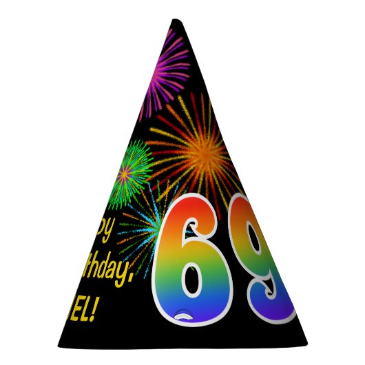 Fun Fireworks + Rainbow Pattern "69" Birthday # Feesthoedjes (Rechts)