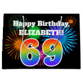 Fun Fireworks + Rainbow Pattern "69" Birthday # Groot Cadeauzakje (Voorkant)