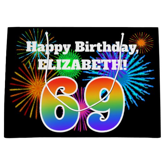 Fun Fireworks + Rainbow Pattern "69" Birthday # Groot Cadeauzakje (Voorkant)