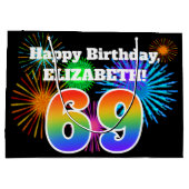 Fun Fireworks + Rainbow Pattern "69" Birthday # Groot Cadeauzakje (Achterkant)