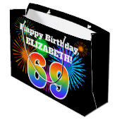 Fun Fireworks + Rainbow Pattern "69" Birthday # Groot Cadeauzakje (Achterkant Gekanteld)