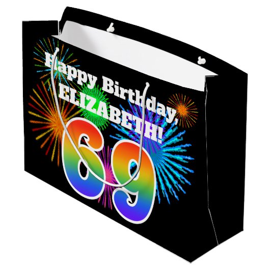 Fun Fireworks + Rainbow Pattern "69" Birthday # Groot Cadeauzakje (Achterkant Gekanteld)
