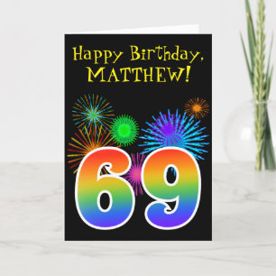 Fun Fireworks + Rainbow Pattern "69" Birthday # Kaart