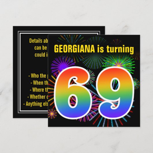Fun Fireworks + Rainbow Pattern "69" Birthday # Kaart (Voorkant / Achterkant)