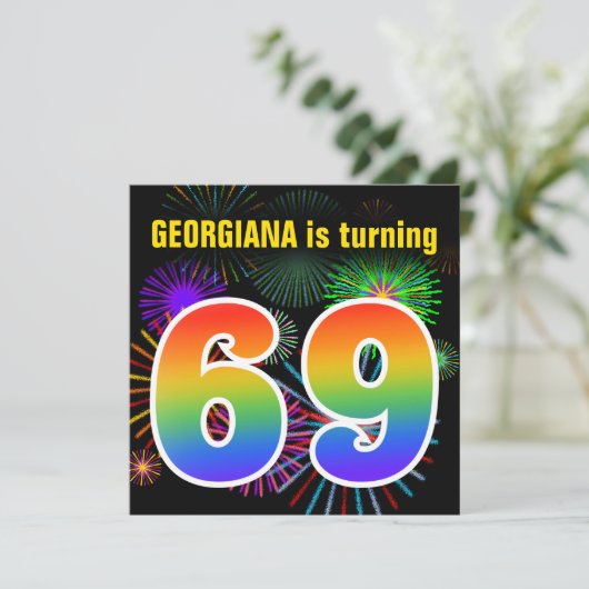 Fun Fireworks + Rainbow Pattern "69" Birthday # Kaart (Staand voorkant)