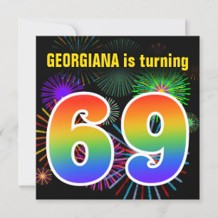 Fun Fireworks + Rainbow Pattern "69" Birthday # Kaart