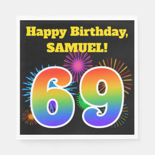 Fun Fireworks + Rainbow Pattern "69" Birthday # Servet