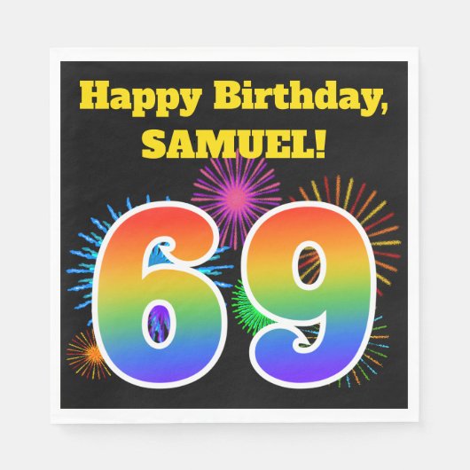 Fun Fireworks + Rainbow Pattern "69" Birthday # Servet (Voorkant)