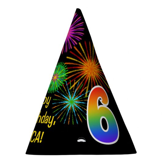 Fun Fireworks + Rainbow Pattern "6" Birthday # Feesthoedjes (Rechts)