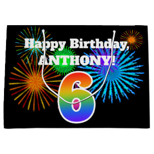 Fun Fireworks + Rainbow Pattern "6" Birthday # Groot Cadeauzakje