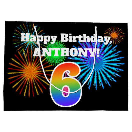 Fun Fireworks + Rainbow Pattern "6" Birthday # Groot Cadeauzakje (Achterkant)