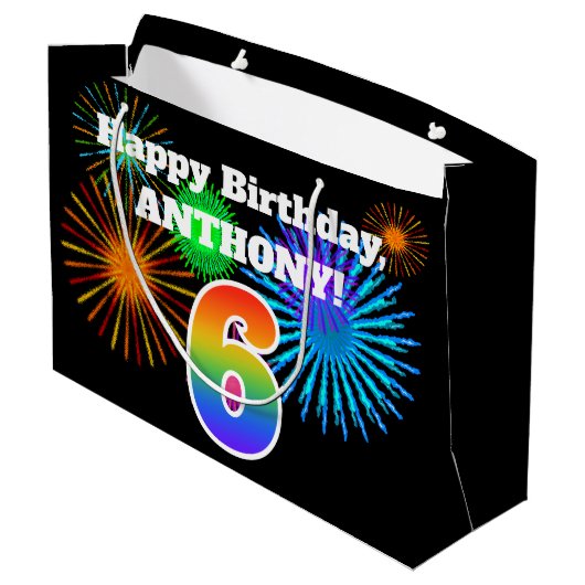 Fun Fireworks + Rainbow Pattern "6" Birthday # Groot Cadeauzakje (Achterkant Gekanteld)