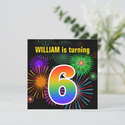 Fun Fireworks + Rainbow Pattern "6" Birthday # Kaart (Staand voorkant)