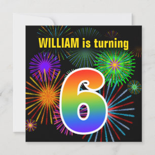 Fun Fireworks + Rainbow Pattern "6" Birthday # Kaart