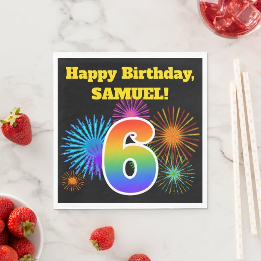Fun Fireworks + Rainbow Pattern "6" Birthday # Servet (Insitu)