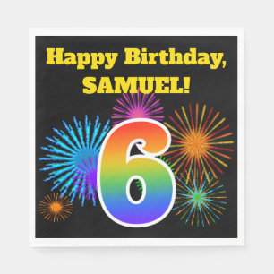 Fun Fireworks + Rainbow Pattern "6" Birthday # Servet
