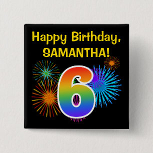 Fun Fireworks + Rainbow Pattern "6" Birthday # Vierkante Button 5,1 Cm
