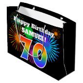 Fun Fireworks + Rainbow Pattern "70" Birthday # Groot Cadeauzakje (Achterkant Gekanteld)