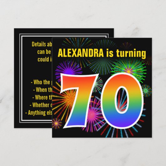 Fun Fireworks + Rainbow Pattern "70" Birthday # Kaart (Voorkant / Achterkant)