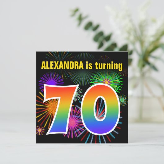 Fun Fireworks + Rainbow Pattern "70" Birthday # Kaart (Staand voorkant)