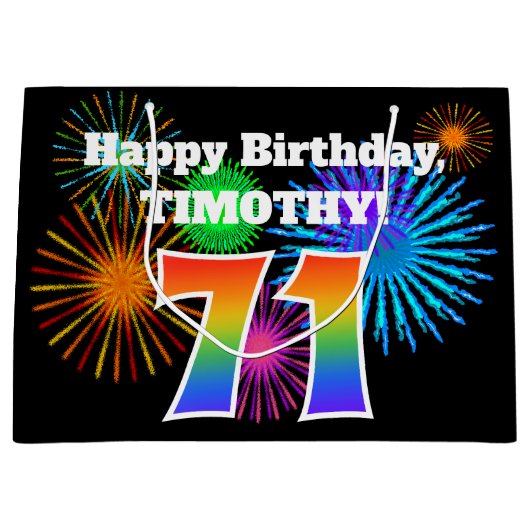 Fun Fireworks + Rainbow Pattern "71" Birthday # Groot Cadeauzakje (Voorkant)
