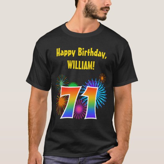 Fun Fireworks + Rainbow Pattern "71" Birthday # T-shirt (Voorkant)