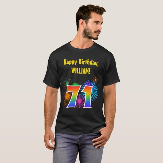 Fun Fireworks + Rainbow Pattern "71" Birthday # T-shirt (Voorkant volledig)
