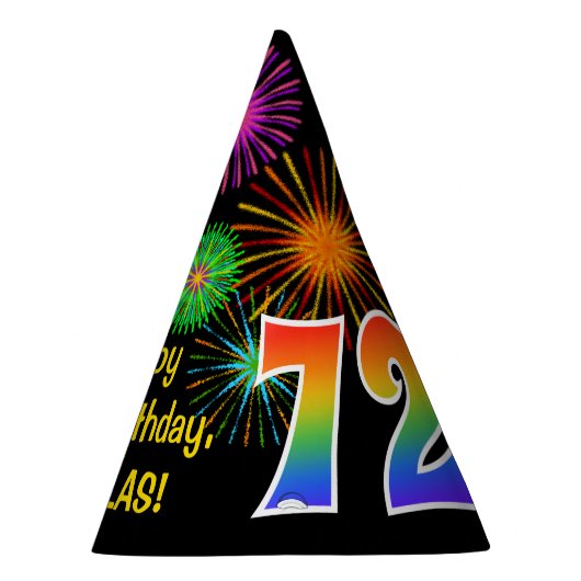 Fun Fireworks + Rainbow Pattern "72" Birthday # Feesthoedjes (Rechts)