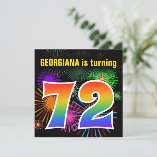 Fun Fireworks + Rainbow Pattern "72" Birthday # Kaart (Staand voorkant)