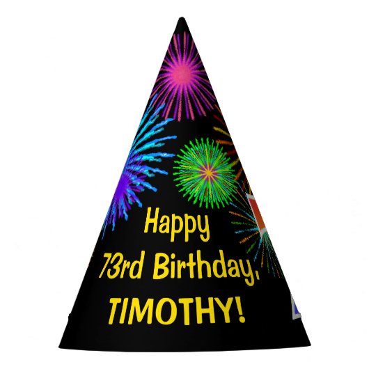 Fun Fireworks + Rainbow Pattern "73" Birthday # Feesthoedjes (Voorkant)