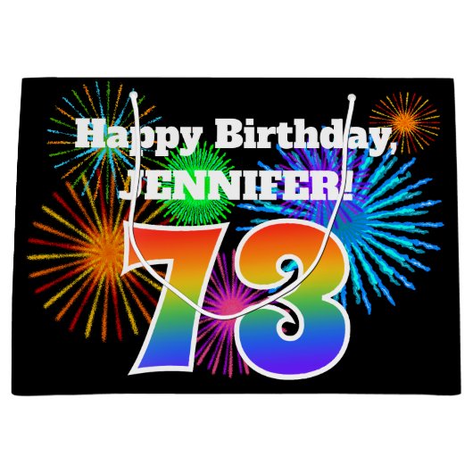 Fun Fireworks + Rainbow Pattern "73" Birthday # Groot Cadeauzakje (Voorkant)