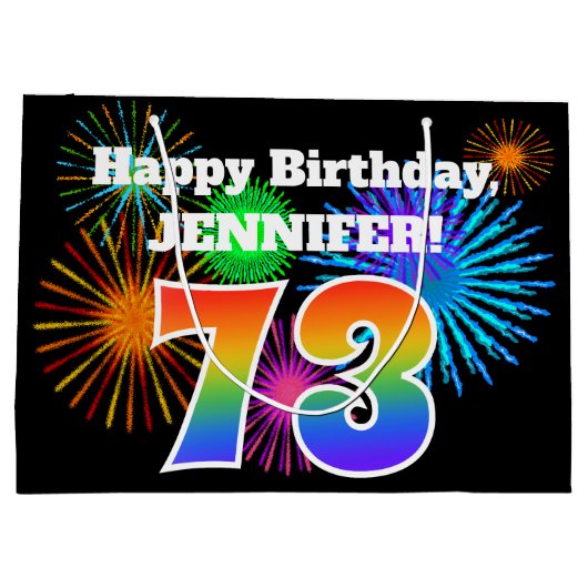 Fun Fireworks + Rainbow Pattern "73" Birthday # Groot Cadeauzakje (Achterkant)