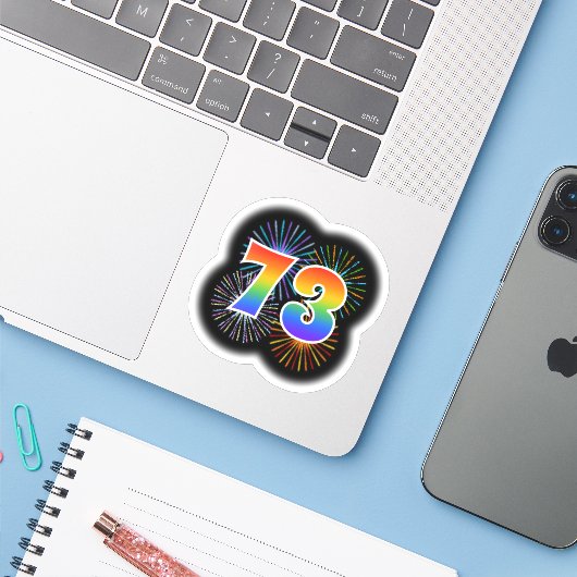 Fun Fireworks + Rainbow Pattern "73" Event # Sticker (Laptop met iPhone)