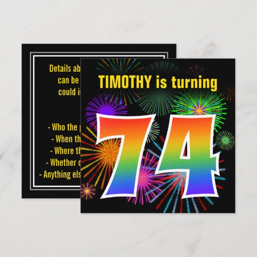 Fun Fireworks + Rainbow Pattern "74" Birthday # Kaart (Voorkant / Achterkant)