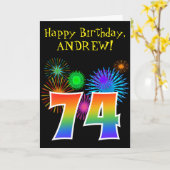 Fun Fireworks + Rainbow Pattern "74" Birthday # Kaart (Gele Bloem)