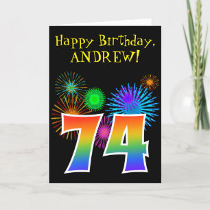 Fun Fireworks + Rainbow Pattern "74" Birthday # Kaart