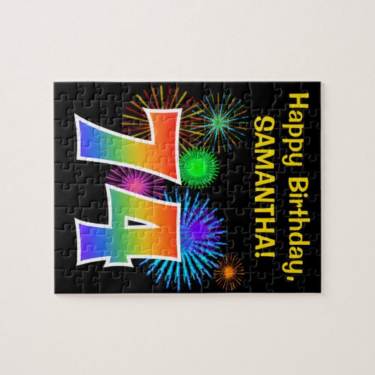 Fun Fireworks + Rainbow Pattern "74" Birthday # Legpuzzel (Horizontaal)