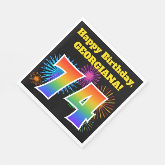 Fun Fireworks + Rainbow Pattern "74" Birthday # Servet (Hoek)