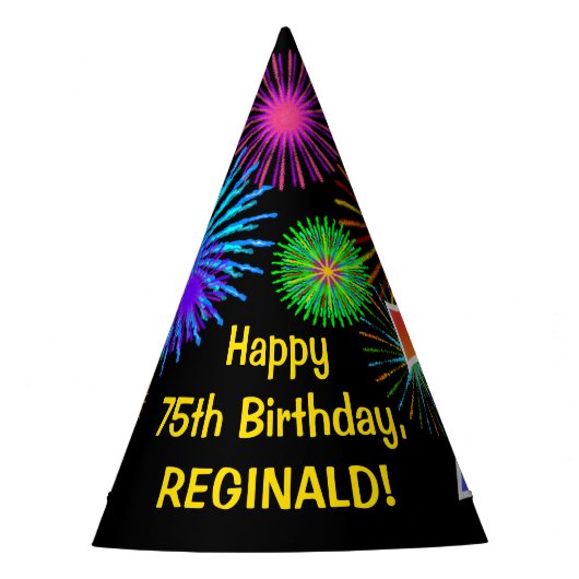 Fun Fireworks + Rainbow Pattern "75" Birthday # Feesthoedjes (Voorkant)