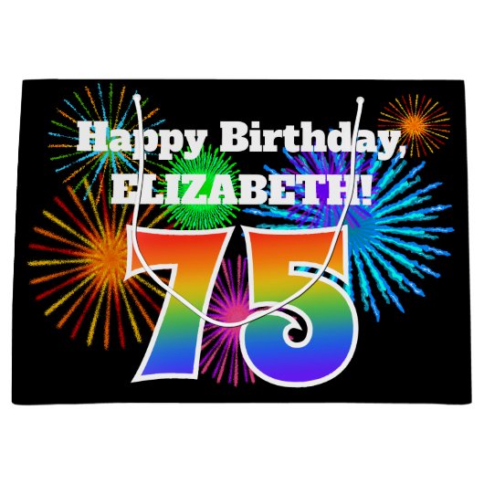 Fun Fireworks + Rainbow Pattern "75" Birthday # Groot Cadeauzakje (Voorkant)