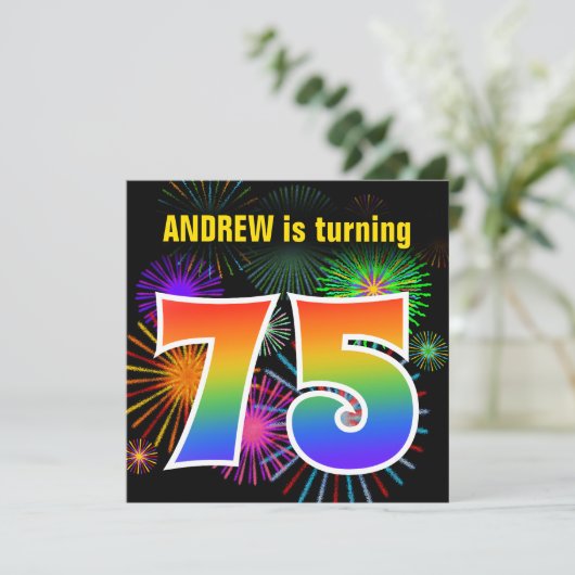 Fun Fireworks + Rainbow Pattern "75" Birthday # Kaart (Staand voorkant)