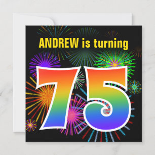 Fun Fireworks + Rainbow Pattern "75" Birthday # Kaart